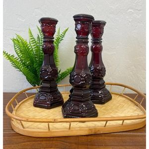 3 Avon Ruby Red Glass Candlesticks 1876 Cape Cod
